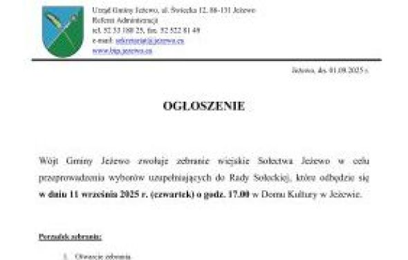 Informacja na temat zwołania zebrania wyborczego Sołectwa Jeżewo