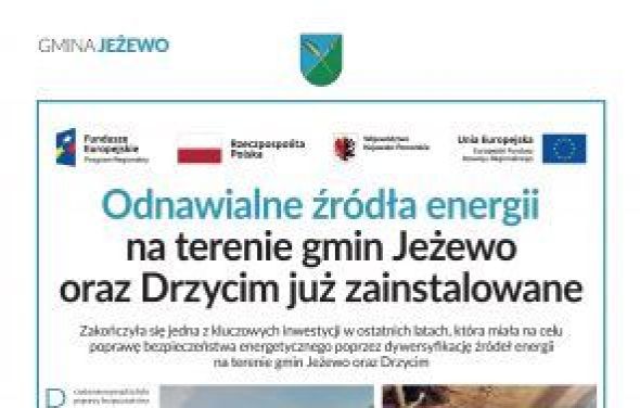 Odnawialne źródła energii na terenie gmin Jeżewo oraz Drzycim już zainstalowane