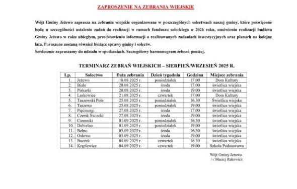 Zaproszenie na zebrania wiejskie w sierpniu i wrześniu 2025 r.
