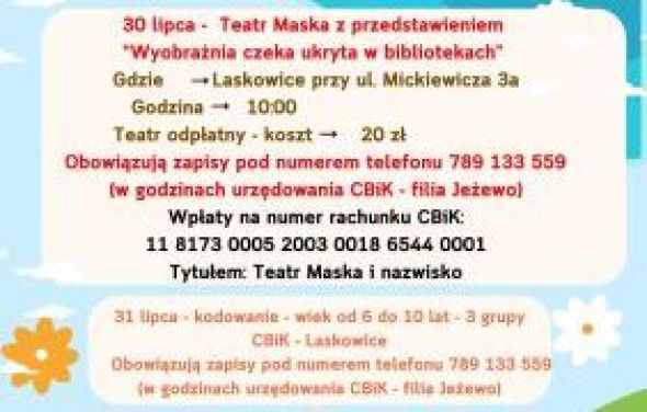 Centrum Biblioteki i Kultury w Gminie Jeżewo zaprasza na Lipiec w CBiK