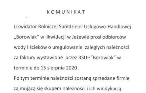 Prośba RSUH Borowiak o uregulowanie zaległych należności