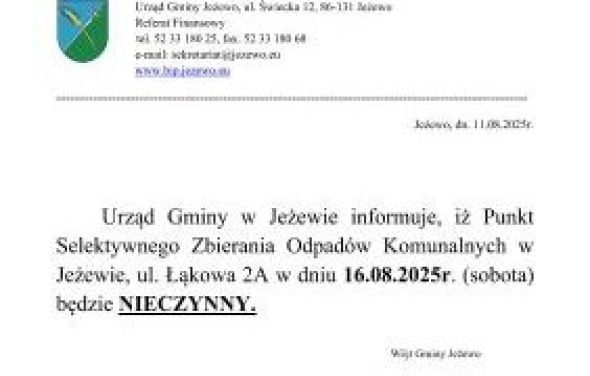 Informacja na temat pracy PSZOK w Jeżewie w dniu 16.08.2025 r.