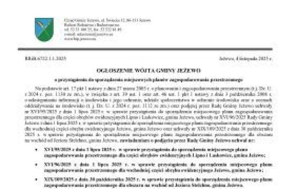 Ogłoszenie Wójta Gminy Jeżewo o przystąpieniu do sporządzenia miejscowych planów zagospodarowania przestrzennego