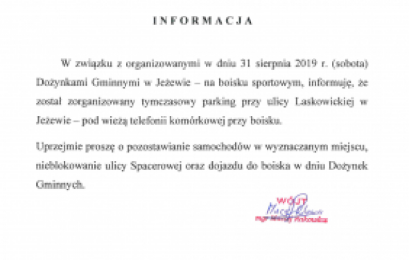 Informacja o parkingu podczas Dożynek Gminnych