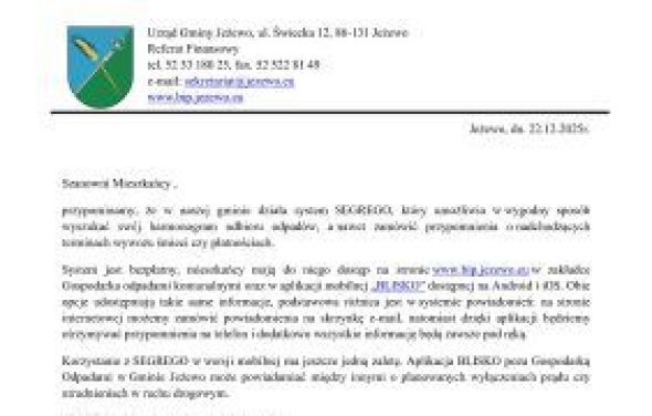 Informacja na temat systemu "SEGREGO" do wyszukiwania i sprawdzania aktualnego harmonogramu odpadów