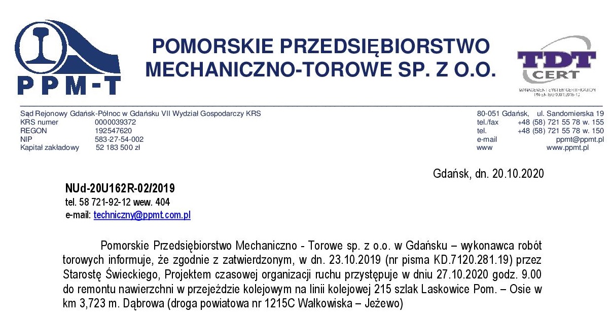 Informacja o utrudnieniach w ruchu drogowym na przejeździe kolejowym 27.10.2020 r.