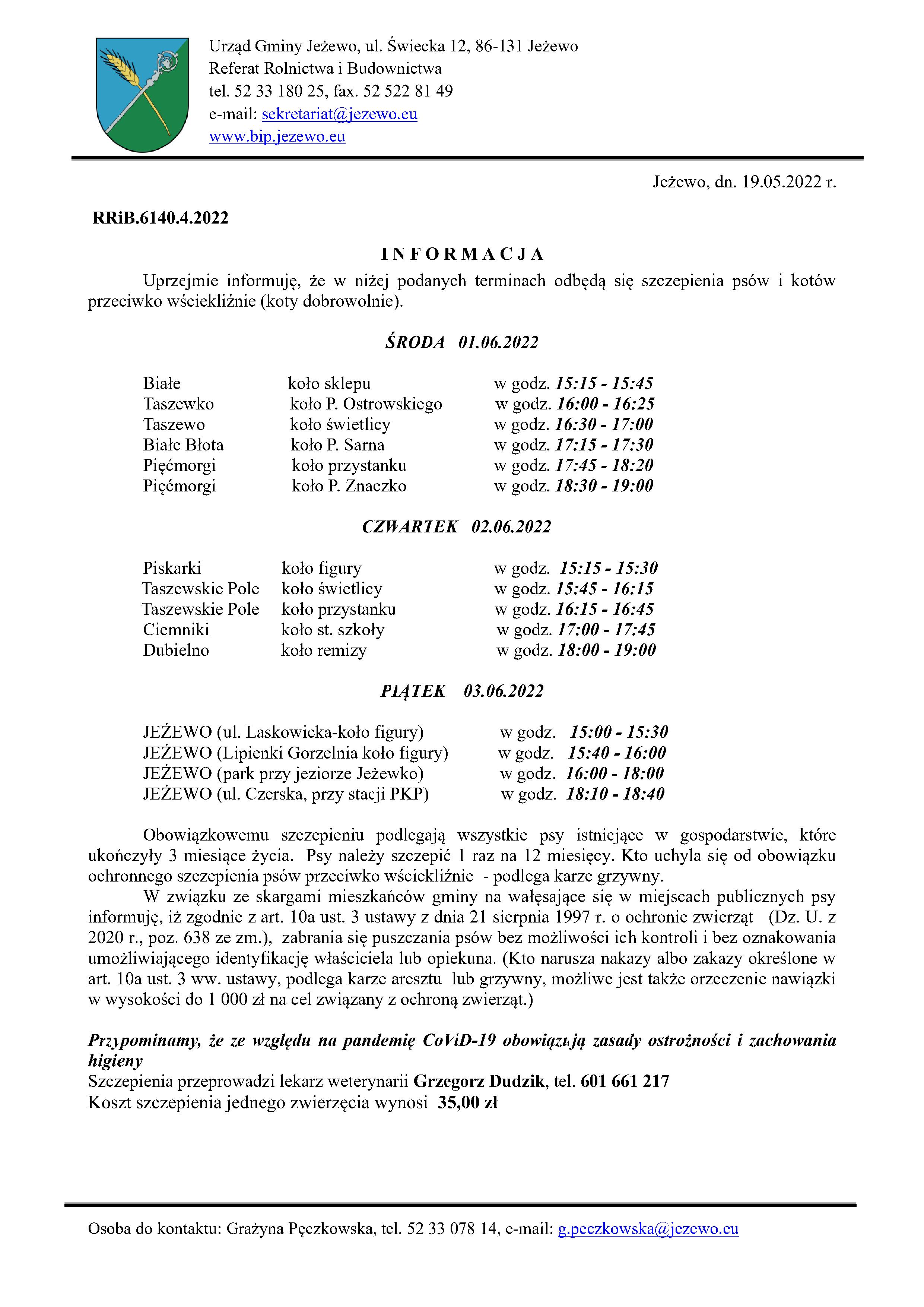 Informacja w sprawie szczepienia psów i kotów 1-3.06.2022 r.