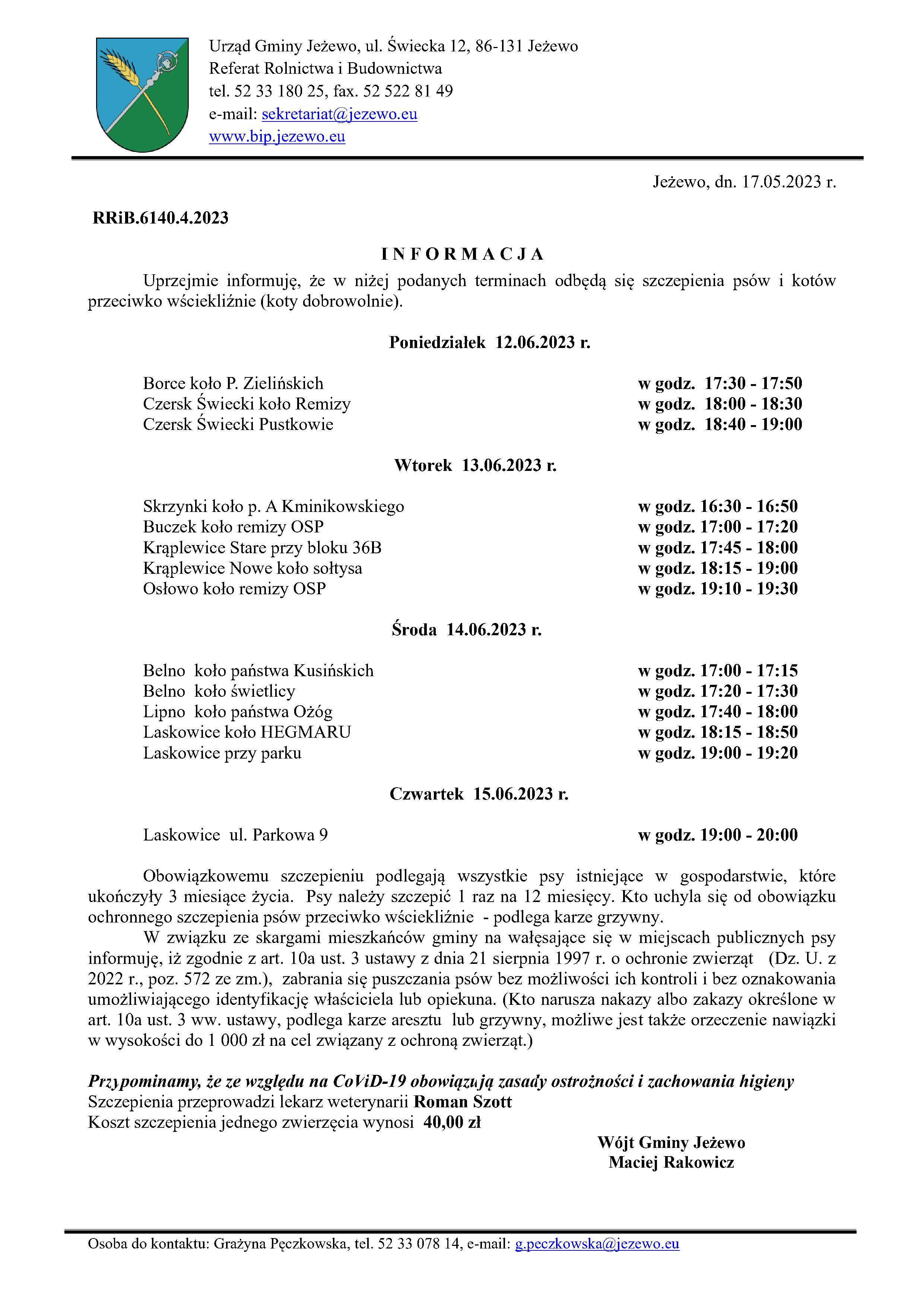 Informacja w sprawie szczepienia psów i kotów 12-15.06.2023 r.