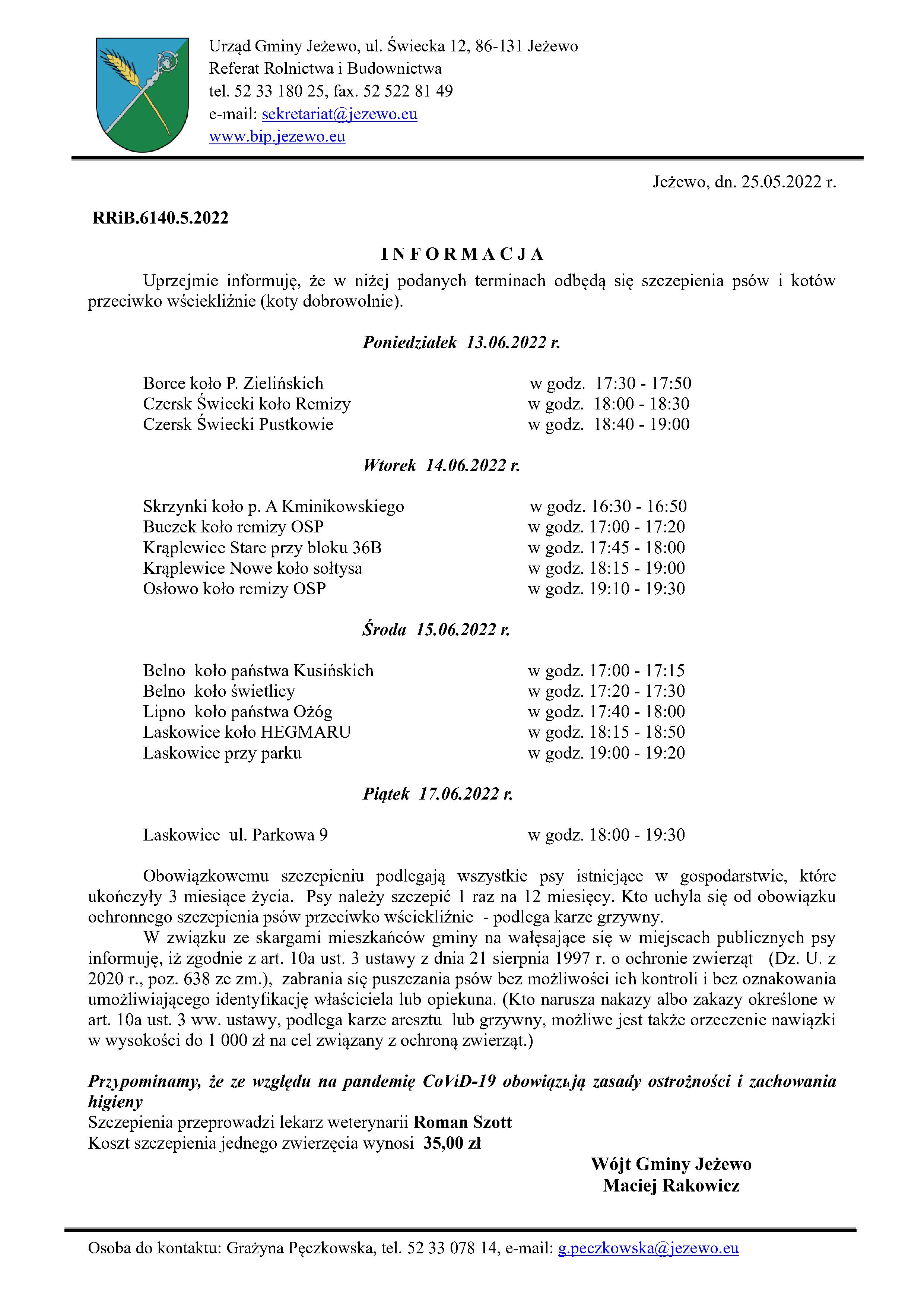 Informacja w sprawie szczepienia psów i kotów 13-17.06.2022 r.