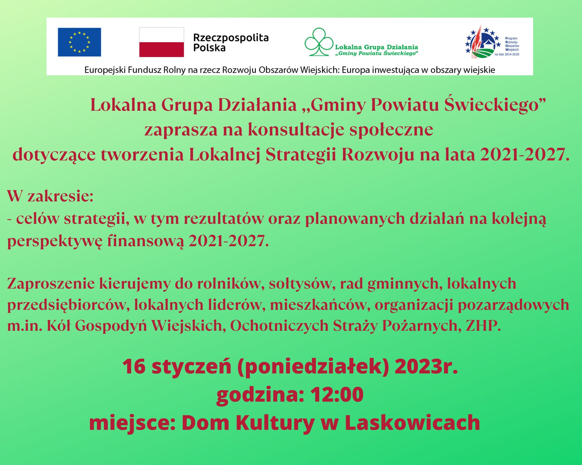 Konsultacje społeczne Lokalnej Grupy Działania „Gminy Powiatu Świeckiego” 16.01.2023 r. 