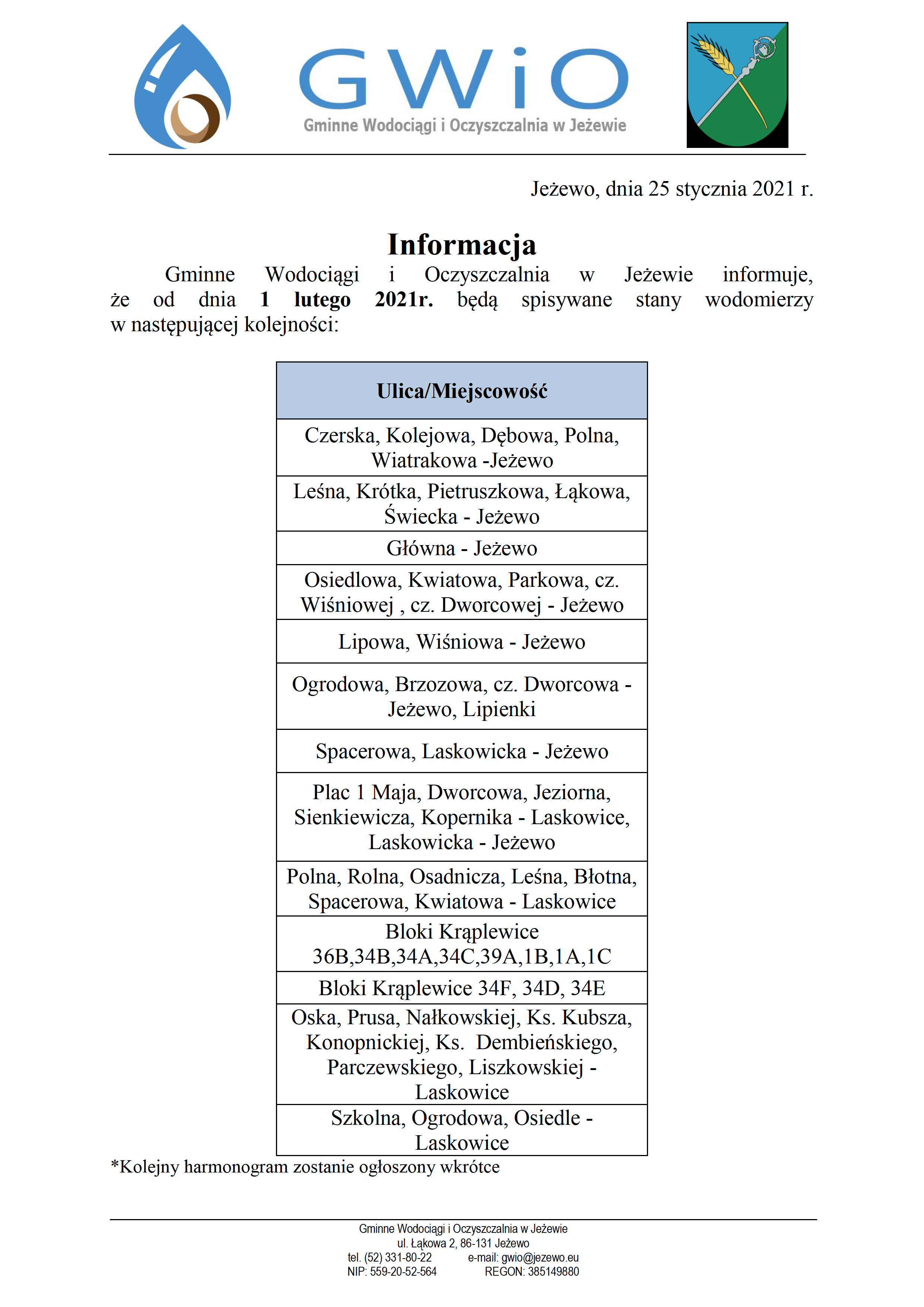 Informacja o spisywaniu stanów wodomierzy