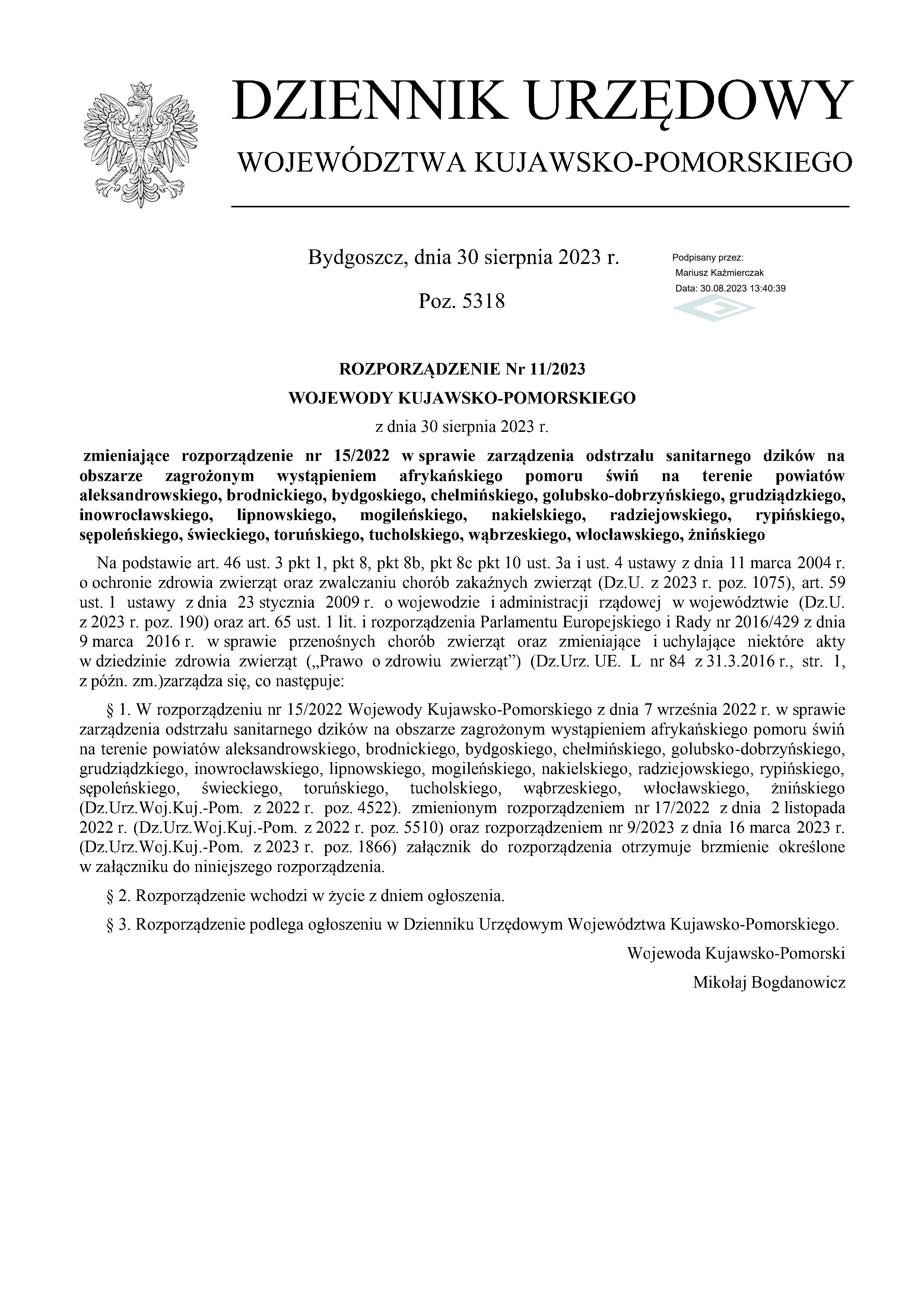 Rozporządzenie Wojewody Kujawsko-Pomorskiego w sprawie zarządzenia odstrzału sanitarnego dzików na obszarze zagrożonym wystąpieniem afrykańskiego pomoru świń