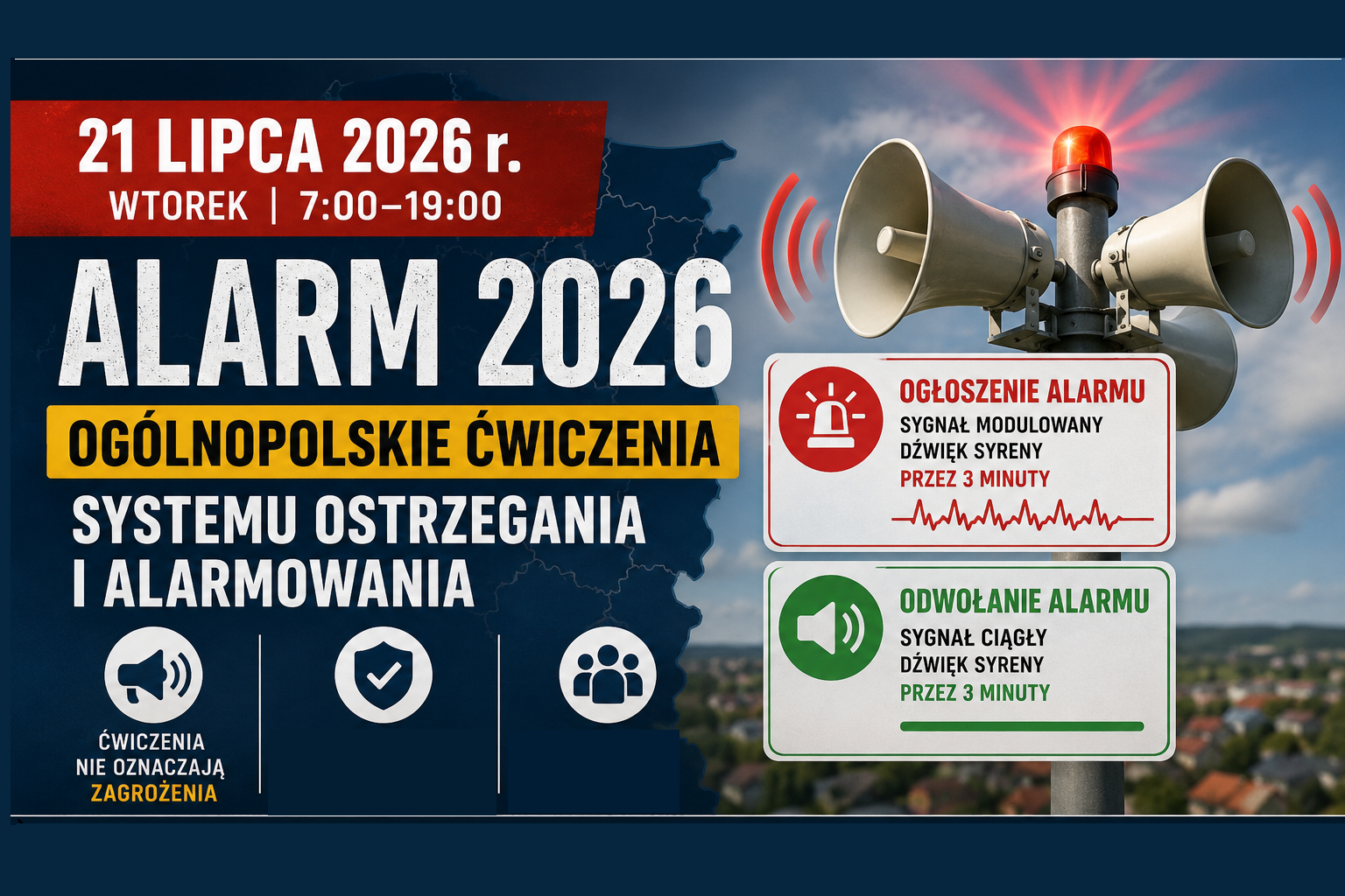 21 lipca 2026 r. wtorek 7:00-19:00 ALARM-2026 ogólnopolskie ćwiczenia systemu ostrzegania i alarmowania