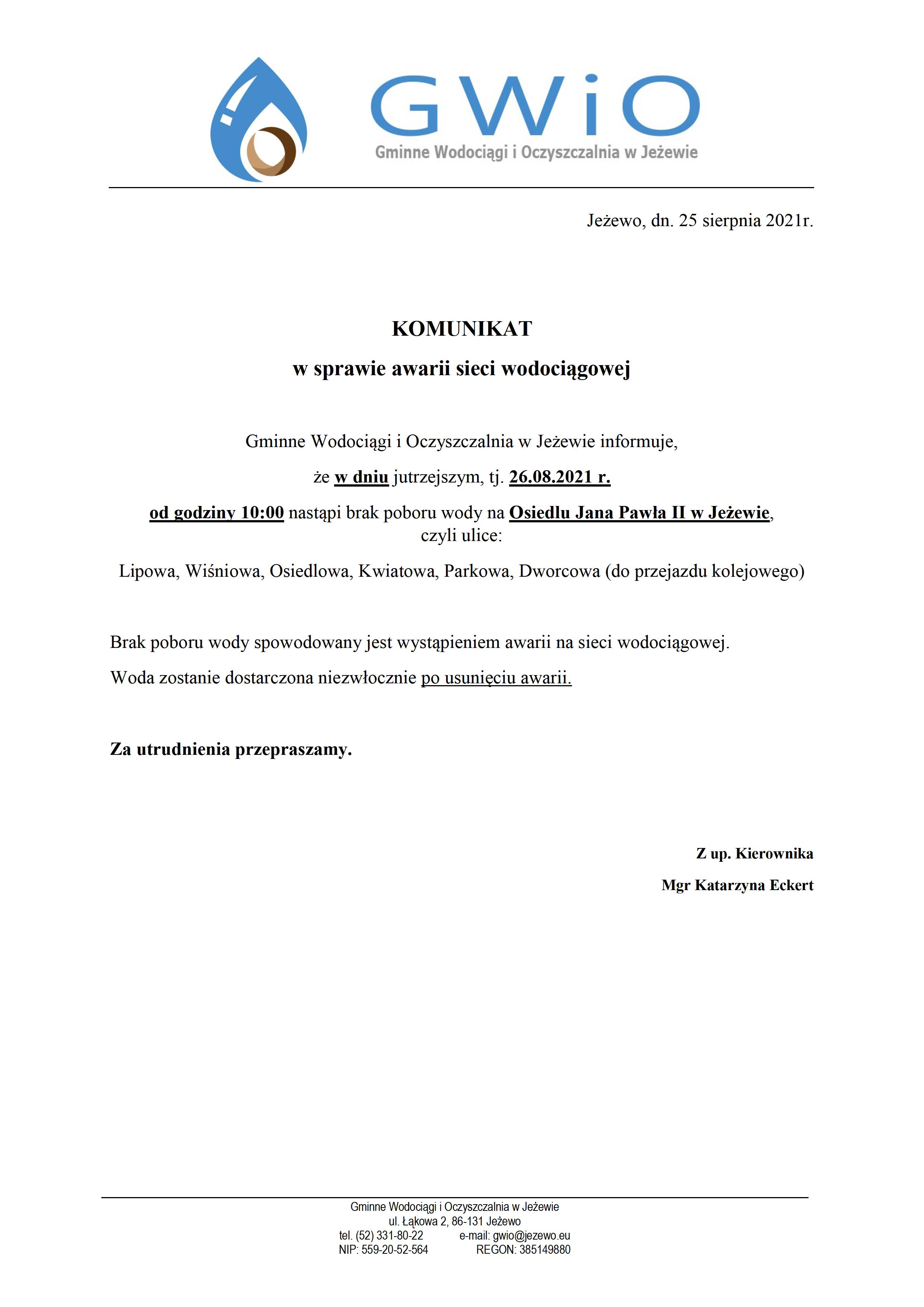 Komunikat w sprawie awarii sieci wodociągowej