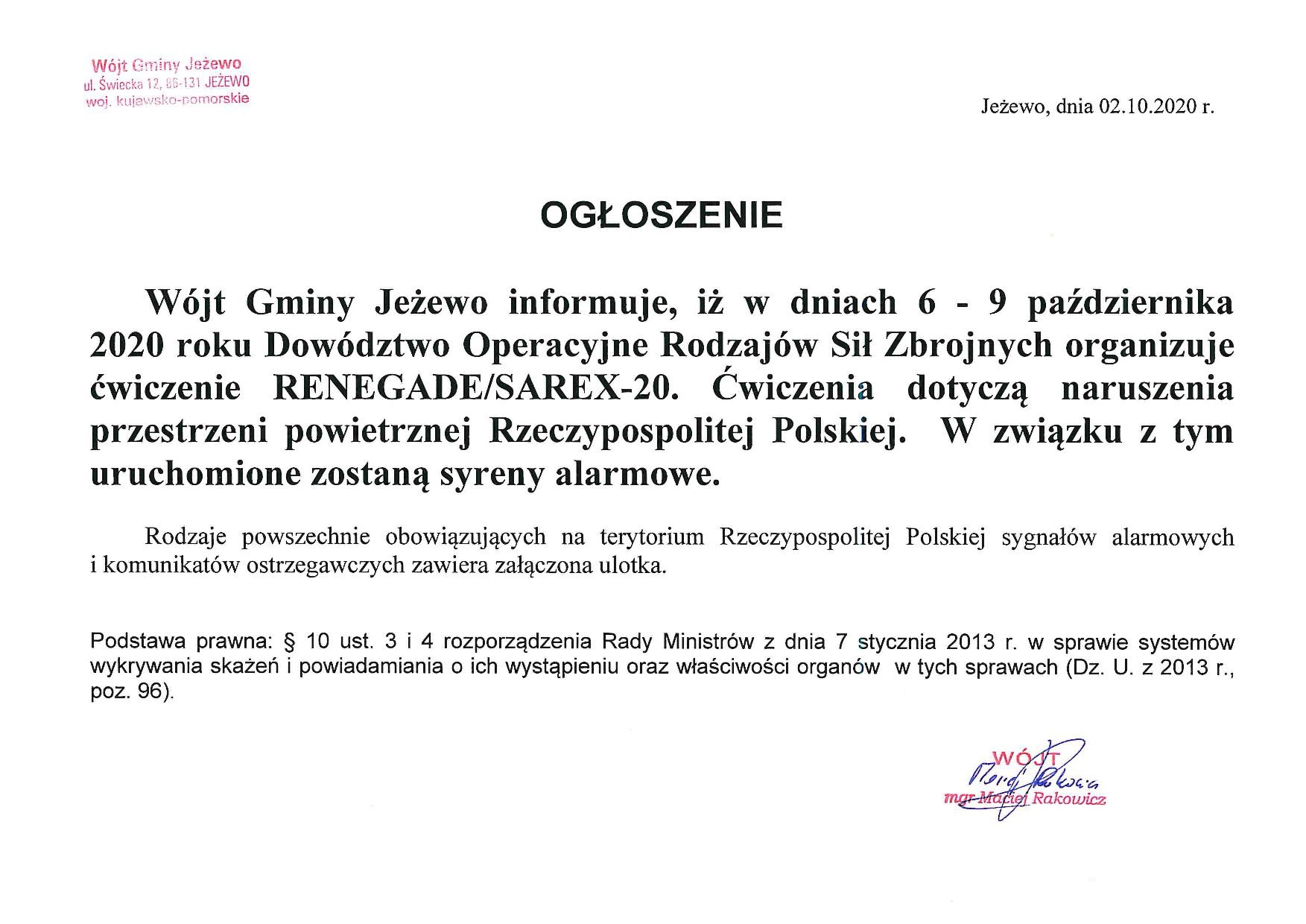 Ogłoszenie o uruchomieniu syren alarmowych, ćwiczenia RENEGADE/SAREX-20 