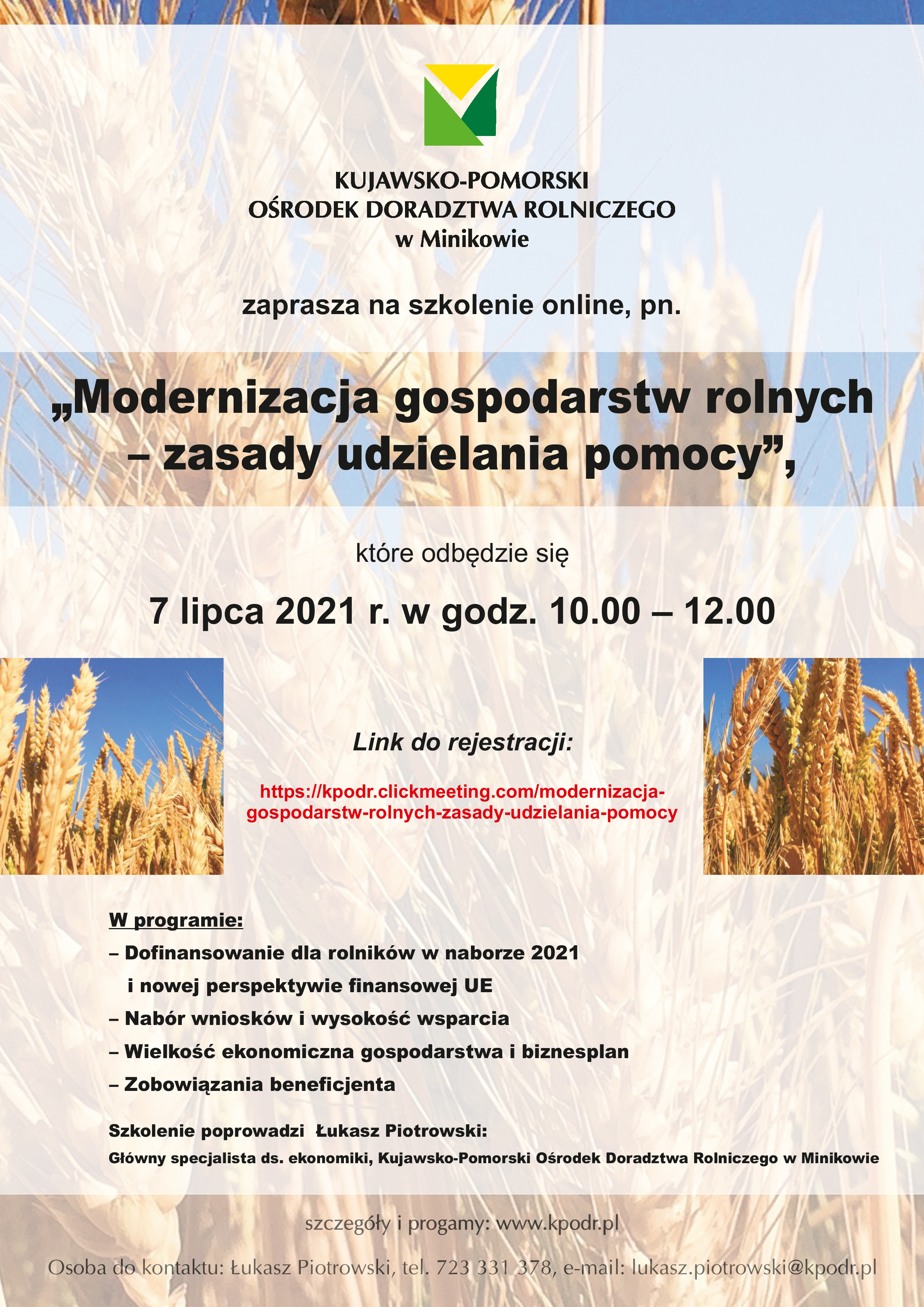 Szkolenie "Modernizacja gospodarstw rolnych – zasady udzielania pomocy"